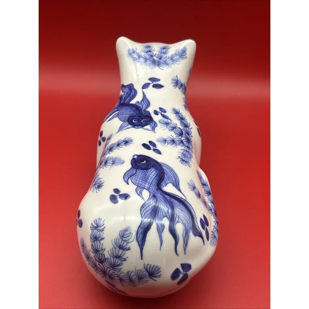 Large Blue & White Ceramic Cat Figurine With Carps Decoration Hand Painted 12